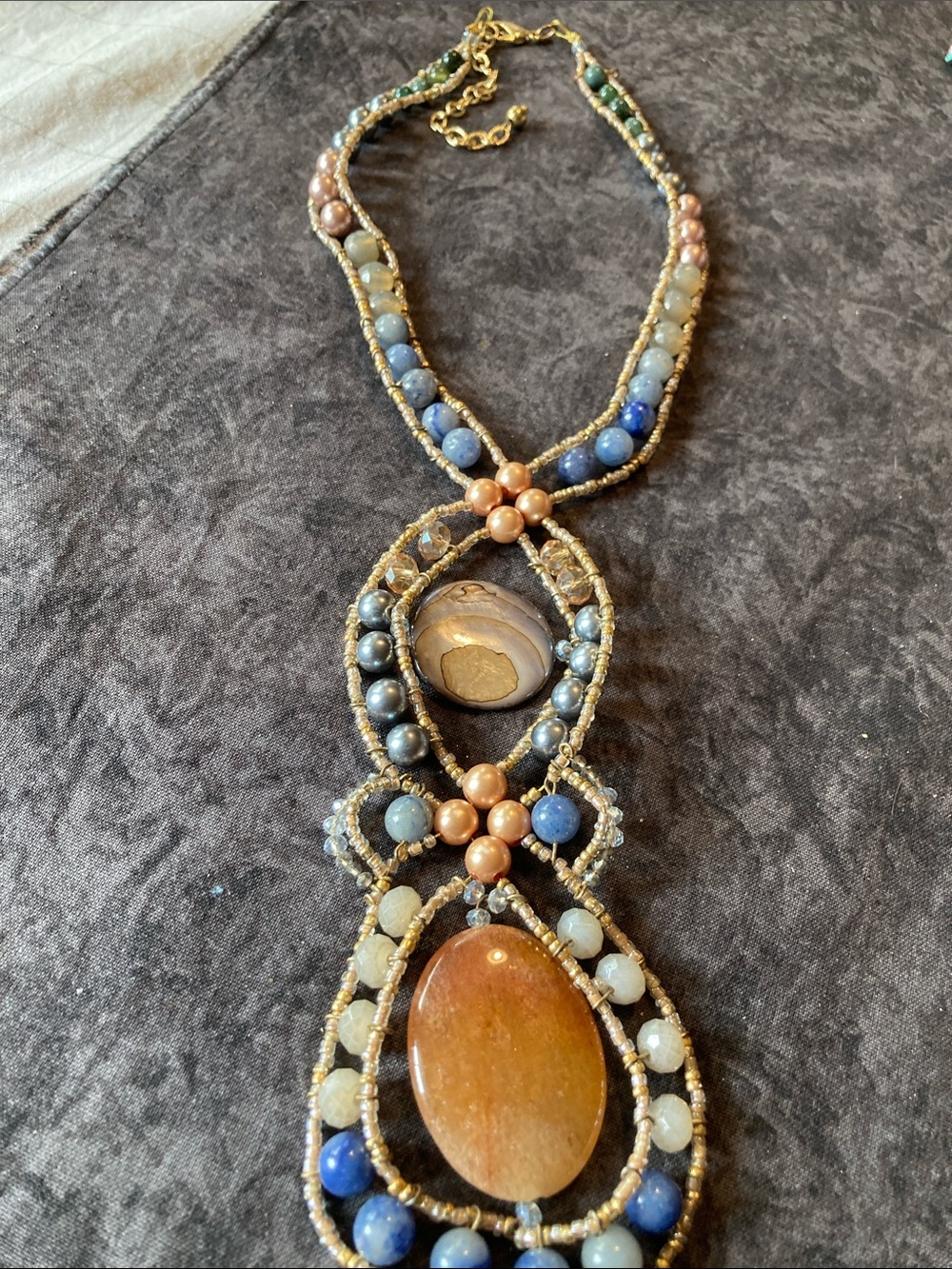 Handcrafted Multicolor Gemstone Bead Pendant Necklace - Blue, Peach & Golden